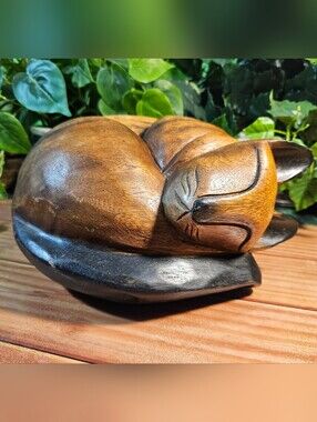Cat Vintage Hand-Carved Wooden Sleeping Siamese Cat Sculpture Figurine Statue,